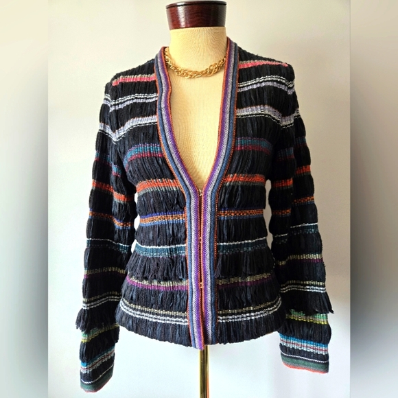 Ecru Multicolor Knit and Fringe Blazer. Size Small - Picture 1 of 15